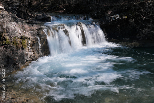 Waterfall on Zhane river on sunny winter day. Krasnodar Krai  Caucasus  Russia.