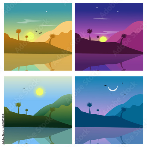 Set of tropical island and sea flat landscapes. Morning  daytime  sunset  night.
