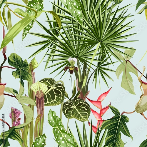 Tropical seamless pattern. Summer print. Jungle rainforest. Sarracenia, genus of carnivorous plants and orchids. Monkey cups exotic plant. Seamless floral pattern with exotic flowers and palm leaves.