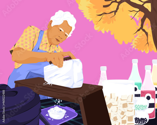 Senior street food seller making shaved ice dessert outdoors