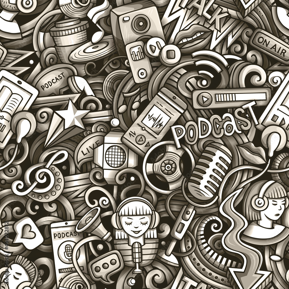 Cartoon doodles Audio content seamless pattern. Cartoon doodles Audio content seamless pattern.