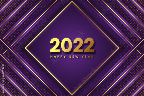 Purple and Gold Happy New Year 2022 Modern banner. Premium Vector