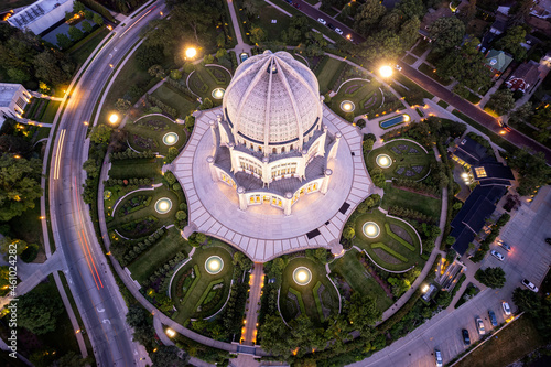 Aerial view of Baha'i House of Worship at night, Wilmette, Chicago, USA photo