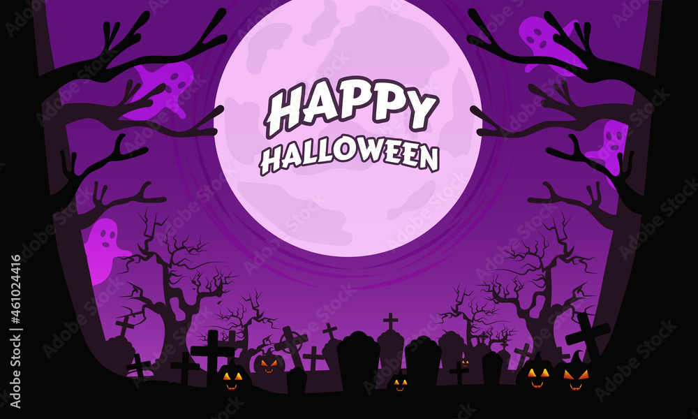 Happy Halloween day background in flat design with cemetery at night.