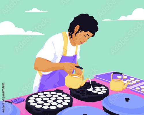 Street food seller making traditional asian dessert snack