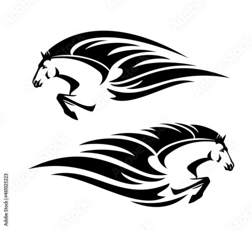 beautiful mustang horse jumping forward with tribal style flame decor - speeding stallion side view black and white vector head and legs portrait