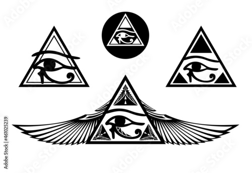 ancient egyptian style Eye of Horus inside triangle pyramid shape - vector design set of magical all seeing and new order masonic symbols