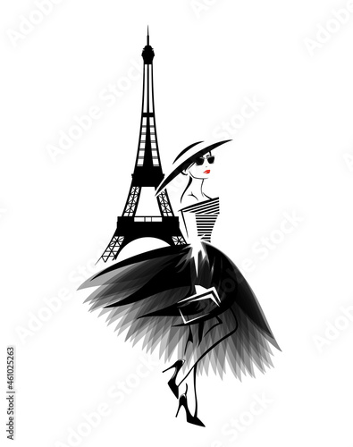 vector portrait of beautiful glamorous woman wearing stylish clothes in Paris - haute couture dress, fashionable high heels and wide brimmed hat with clutch bag with eiffel tower silhouette in the bac