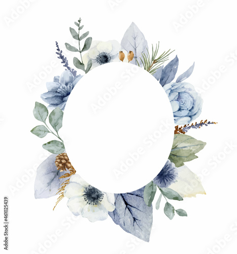 A watercolor vector winter frame with dusty blue flowers and branches. 