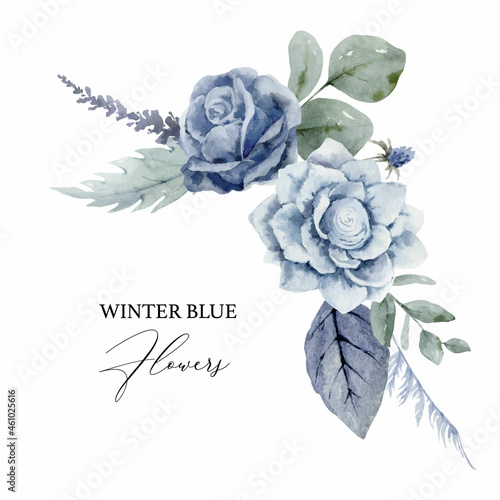 A watercolor vector winter wreath with dusty blue flowers and branches.