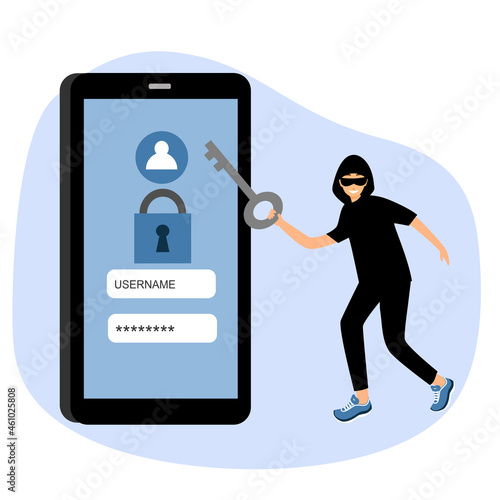 Hacker stealing money from mobile app account. Cybercrime from smartphone payment app.