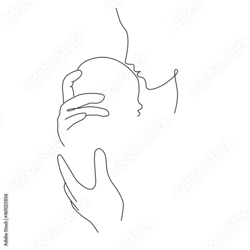 Vector card in one line art style with family portret, perents witn newborn baby, mother, baby, line art illustration