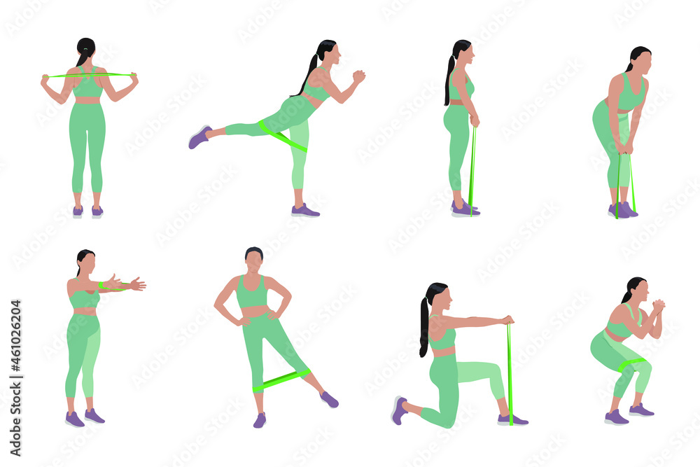 Woman doing exercises with fitness elastic band on white background, collage. Vector illustration