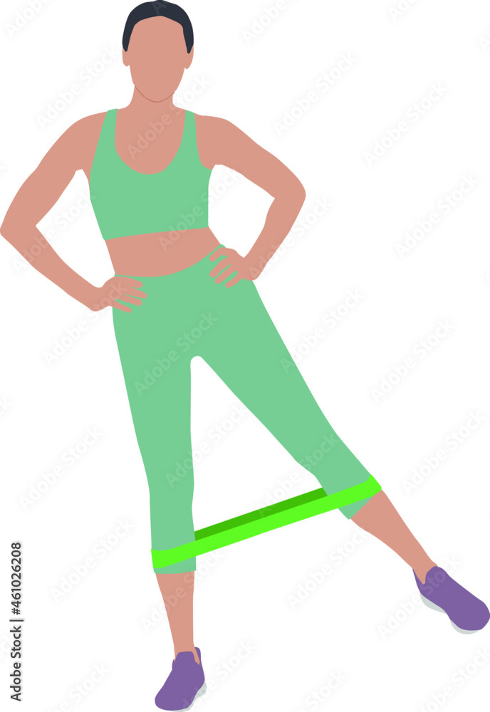 Woman doing exercise with fitness elastic band on white background. Vector illustration Woman doing exercise with fitness elastic band on white background. Vector illustration
