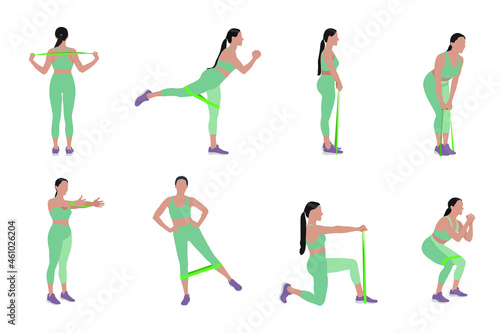 Woman doing exercises with fitness elastic band on white background, collage. Vector illustration