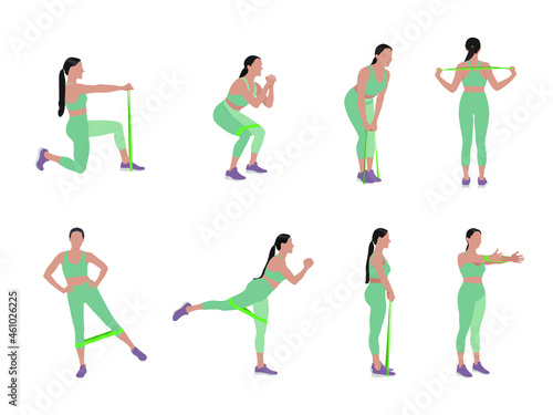 Woman doing exercises with fitness elastic band on white background, collage. Vector illustration