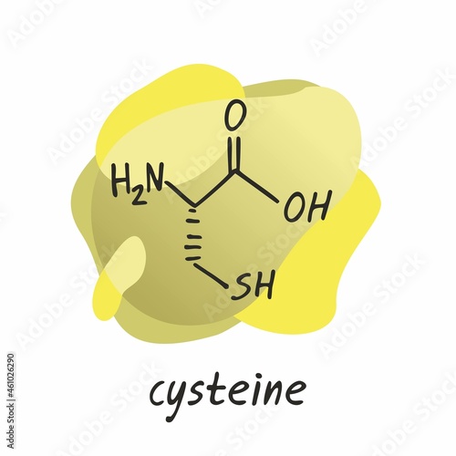 Chemical formula of the amino acid cysteine is isolated on a colored abstract background. Symbol of an organic compound. Structure of an interchangeable amino acid. Cartoon flat vector illustration.