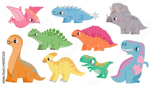 Set with funny dinosaurs. Collection of cartoon baby dinos. Cute brontosaurus, velociraptor, triceratops, tyrannosaurus rex. Jurassic period. Kids vector illustration