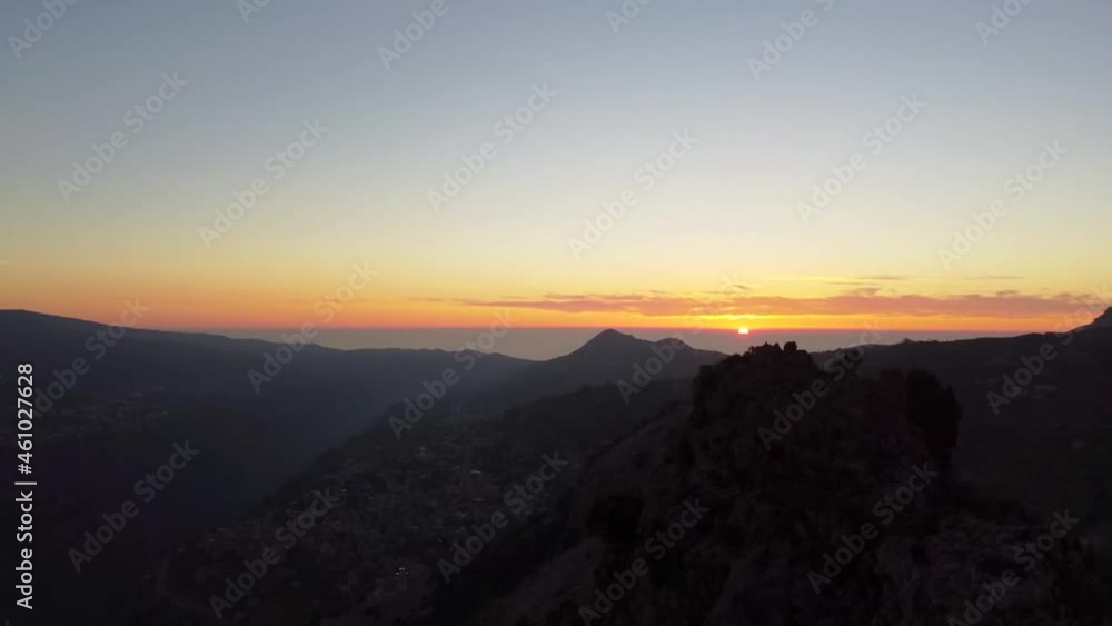 Dramatic Orange Sunset Over Kadisha Valley In North Governorate, Lebanon. - aerial Dramatic Orange Sunset Over Kadisha Valley In North Governorate, Lebanon. - aerial