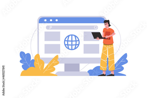 Man browsing news using laptop. User interacts with browser interface at search page, people scene isolated. Online communication, internet surfing concept. Vector illustration in flat minimal design