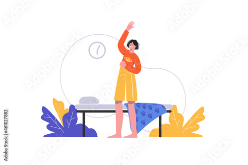 Woman is doing morning exercises in bedroom. Young girl warming up and doing stretching, people scene isolated. Healthy lifestyle, home workout concept. Vector illustration in flat minimal design