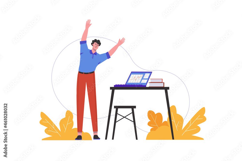 Fototapeta premium Man does warm-up at workplace in office. Employee doing exercises while working, people scene isolated. Healthy lifestyle and physical activity concept. Vector illustration in flat minimal design
