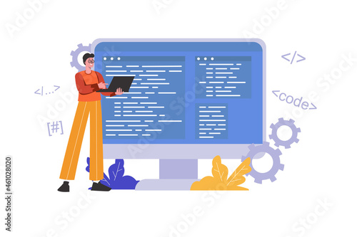 Developer programming and writing code using laptop. Programmer works, optimizes and tests program, people scene isolated. Software development concept. Vector illustration in flat minimal design