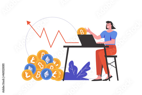 Cryptocurrency mining concept. Woman earns in crypto business, buys or sells digital money, people scene isolated. Blockchain technology and bitcoin mining. Vector illustration in flat minimal design