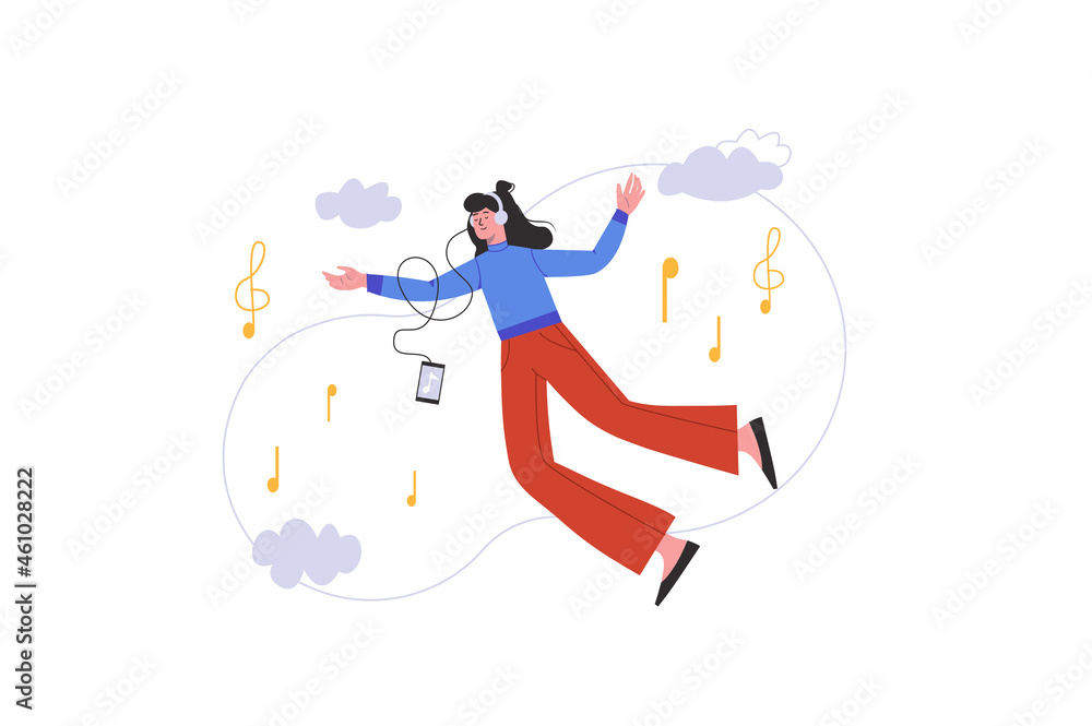 Young girl listening music with headphones. Happy woman dreaming and flying with melody on smartphone, people scene isolated. Relax with songs concept. Vector illustration in flat minimal design