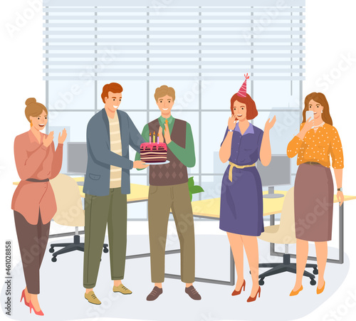 Birthday party in office flat vector illustration. Workers organize holiday, congratulate boss. Interaction, entertainment at workplace. Business team celebrate giving gifts and cake to colleague