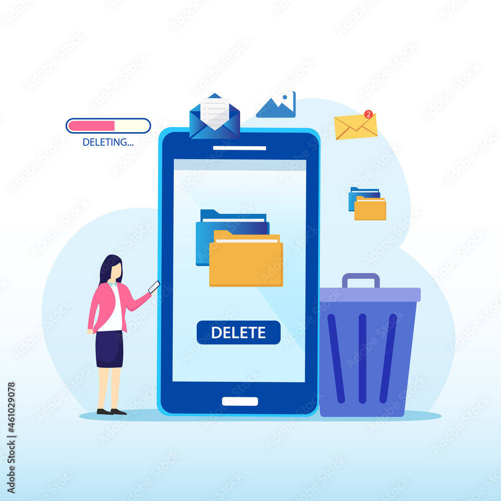 Delete concept. Cleaning digital memory. People character deleting data and move unnecessary files to the trash bin. Flat vector template Style Suitable for Web Landing Page. Delete concept. Cleaning digital memory. People character deleting data and move unnecessary files to the trash bin. Flat vector template Style Suitable for Web Landing Page.