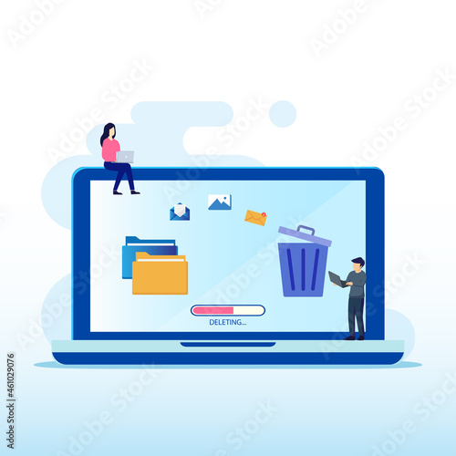Delete concept. Cleaning digital memory. People character deleting data and move unnecessary files to the trash bin. Flat vector template Style Suitable for Web Landing Page.