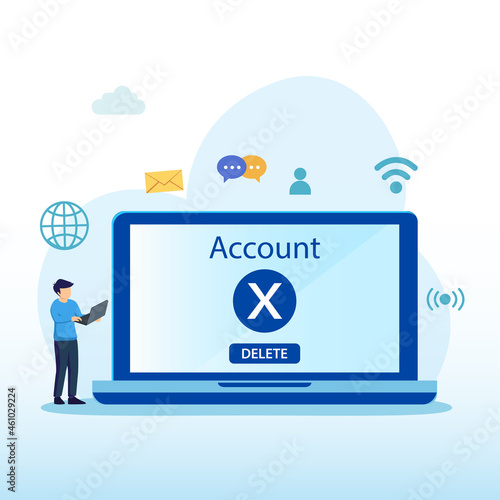 User deleting social account to waste bin. Concept of delete profile, account deactivation, remove data files or page. Flat vector illustration
