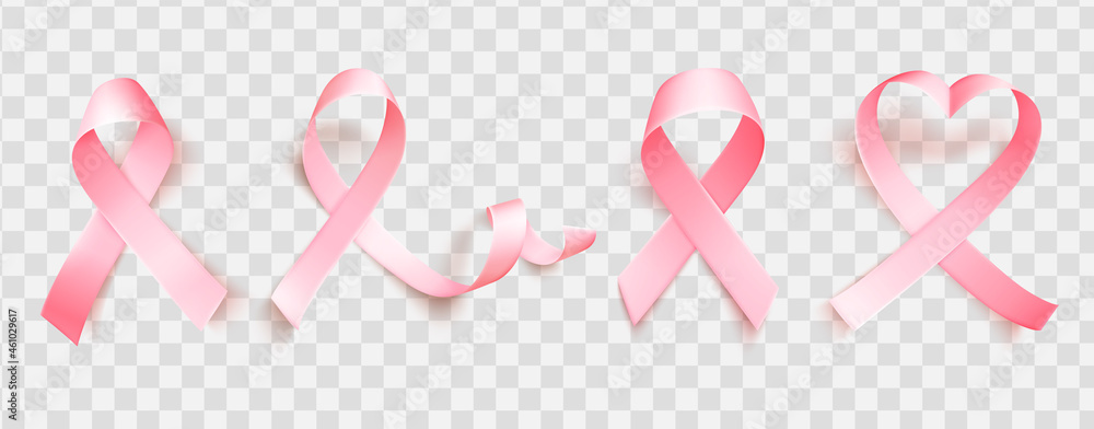 Set of realistic pink ribbon isolated over transparent background ...