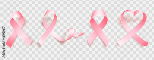 Set of realistic pink ribbon isolated over transparent background. Symbol of breast cancer awareness month in october. Healthcare concept. Vector illustration.