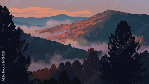 Принти на полотні A digital illustration of the out-breathing coniferous mountain with colourful brushstroke technique under a beautiful sunset sky scenery