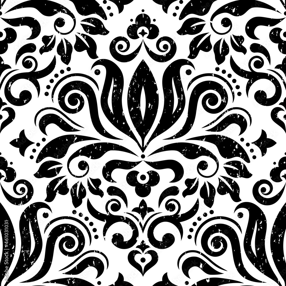 Retro Damask wallpaper or fabric print vector seamless pattern in black, scratched textile vector design with flowers, leaves and swirls
Retro Damask wallpaper or fabric print vector seamless pattern in black, scratched textile vector design with flowers, leaves and swirls
