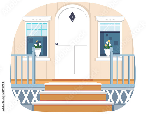 Entrance to house, decorated with wooden railing. Architectural detail of building. Fragment of facade with white door, windows and home plants. Steps on doorstep outdoors view, elegant doorway