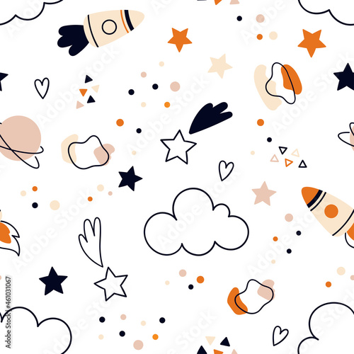 Cute space pattern with rockets and stars. Seamless vector in doodle style. For wallpaper in the nursery or textiles
