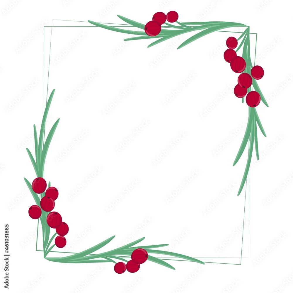 Beautiful Christmas frame with red berries and leaves, vector illustration. Square composite botanical template for New Year or Christmas greetings or invitations. Handmade graphics, natural contour.
