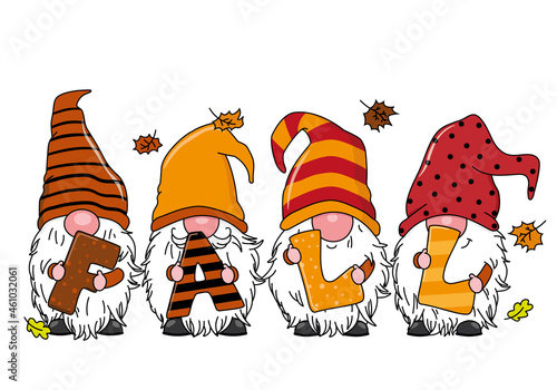 Autumnal card. Three cute gnomes. Isolated vector