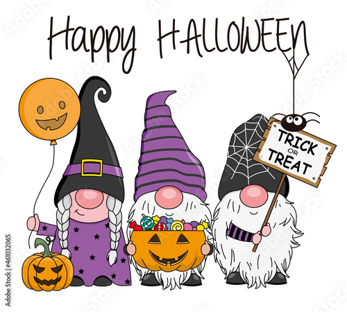 Halloween card. Three gnomes with candy, pumpkin and trick or treat card. Isolated vector
