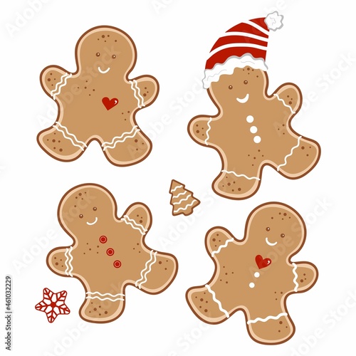 Vector set of gingerbread men. Smiling Christmas gingerbread cookies isolated on white background. 