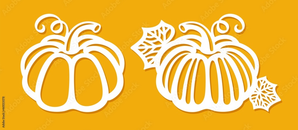 Set of carved paper pumpkins. Ripe autumn gourds with leaves and curl. Decoration for the holiday. Template for laser plotter cutting of wood, plywood, plastic, metal, cnc.