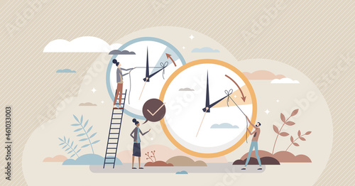 Daylight saving time and change clock to one hour back tiny person concept. Fall back and turn spring forward season switch reminder scene vector illustration. Wintertime and summertime watch settings