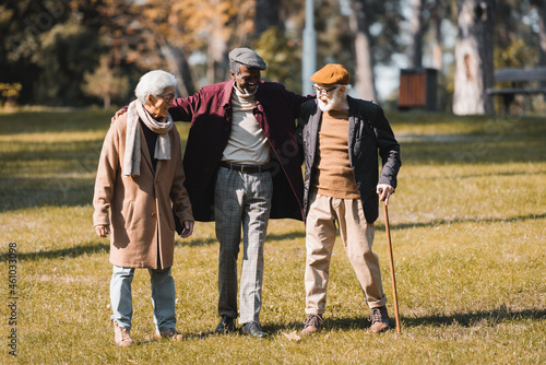 Senior african american man hugging interracial friends in autumn park © LIGHTFIELD STUDIOS