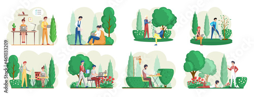Distance working, freelance and internet entertainment, work in nature concept. Set of illustrations about people working with laptop in park. Remote work on computer, online freelancing outdoor