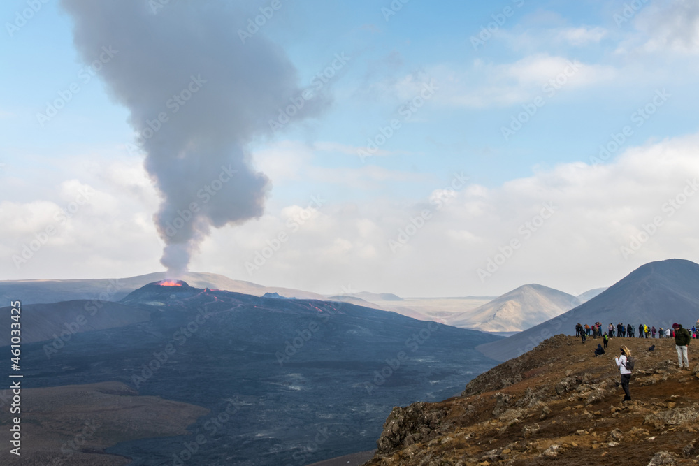 People watching the Fagradalsfjall volcano during the eruption in August 2021, Iceland