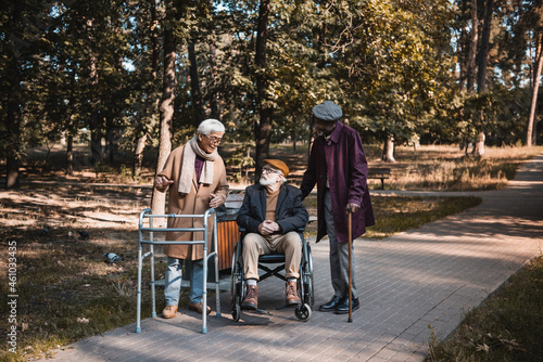 Multicultural friends with walking frame and wheelchair talking in autumn park © LIGHTFIELD STUDIOS
