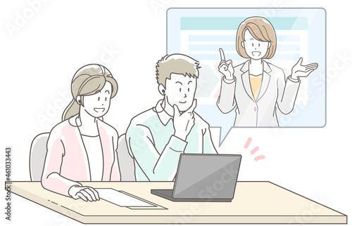 オンラインで商談する若い夫婦とスーツの女性のイラスト